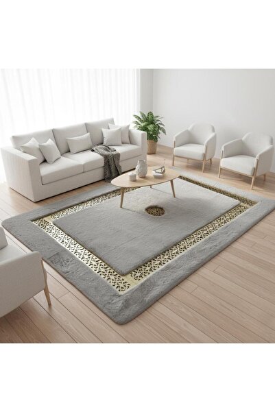 deco marié Gri Zeminli Altın Bordür Detaylı Peluş Halı – Yumuşak Dokulu, Şık ...