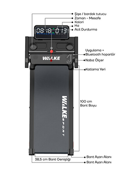 Walke Kompakt Bluetoothlu Telefon Uygulamalı Müzik Çalarlı Yürüyüş Ve Koşu Bandı