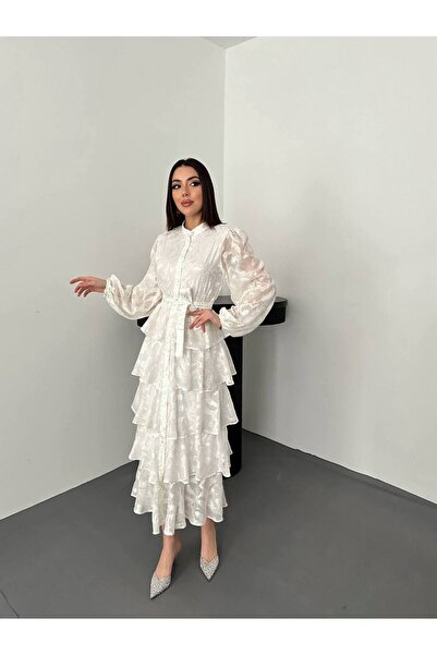 ZERDE Dantel Dokulu Kat Kat Volanlı Uzun Elbise
