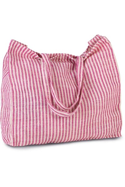 OEM Square Beach Bag with Interior Pocket, Red Stripes, Beige, 45x45cm