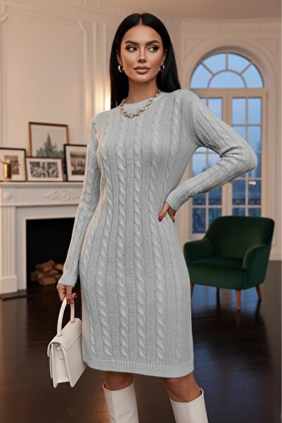 Sea Style Women's Burgundy Knitwear Knee-Length Dress – Crew Neck, Long Sleev...