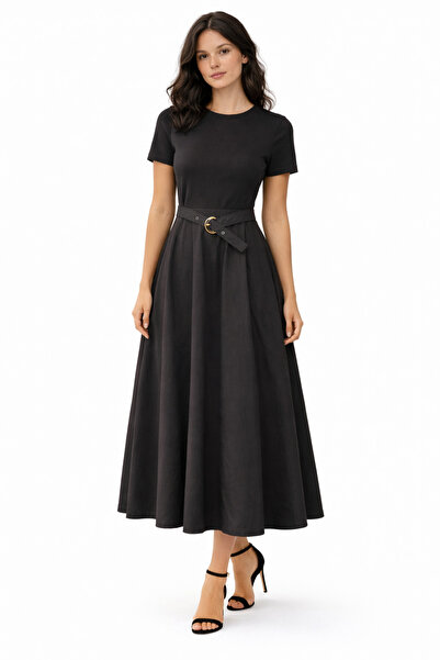 kikiriktekstil 10977 فستان نسائي أسود من القطن الممشط مزين بالزهور وقماش البا...