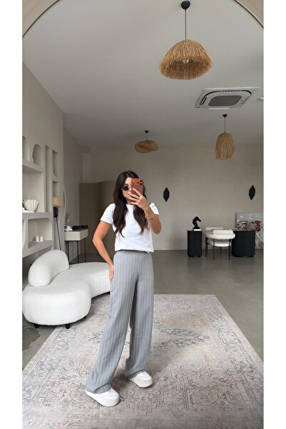 Buket Teke Gray Striped Wide-Legged Fabric Trousers with Elastic Back
