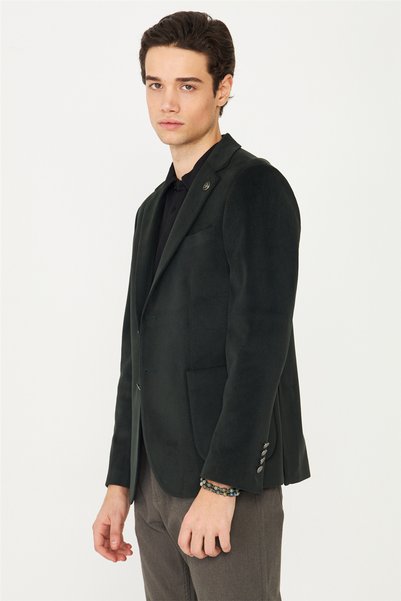 White Stone Koyu Gri Fitilli Kadife Slim Fit Blazer Ceket