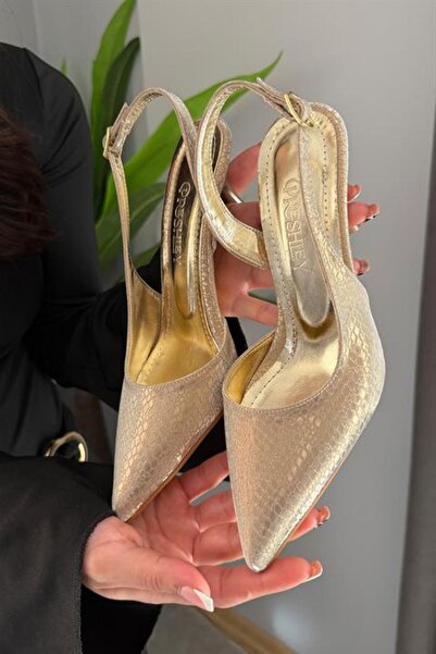 Les Passent Women's Siena Gold Printed 7 cm Heeled Pointed Toe Open Back Stra...