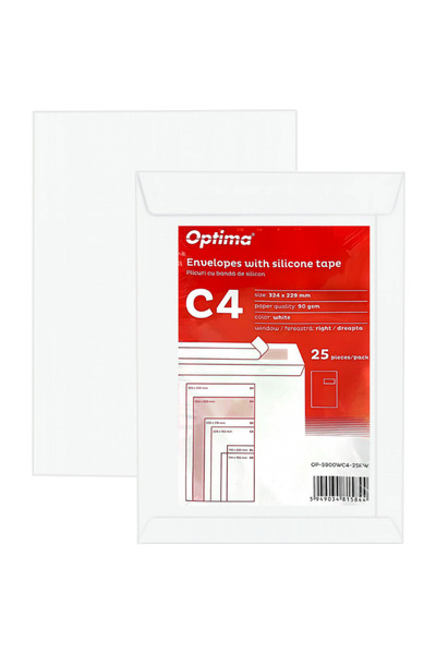 Optima Plic C4 (324x229mm), adeziv siliconic, 25 buc/set, - alb - fereastră d...