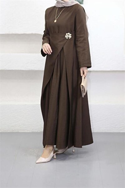 Neşeli Butik Women's Brown Brooch Detailed Draped Full-Length Hijab Dress