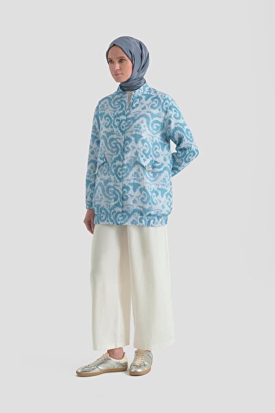 Armine Ceketi Kendinden Desenli Cepli Pantolonlu İkili Takım Mavi - Mavi