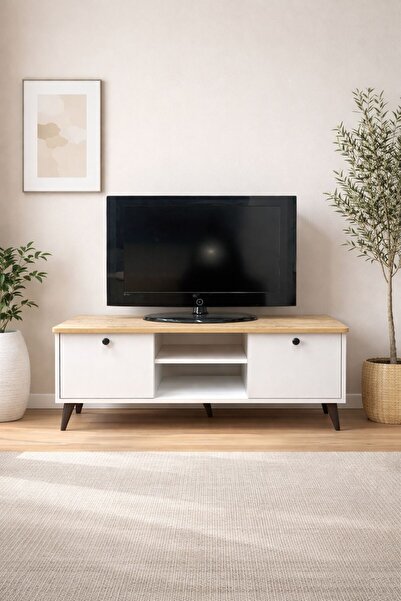 Naturel Kitchen Ünite Modern Ayaklı Tv Ünitesi 125cm Safir Meşe-beyaz