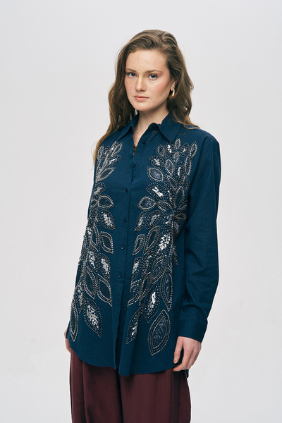 Orfeo Negro Women's Oversized Shirt with Front Pattern, Sequins and Bead Embr...