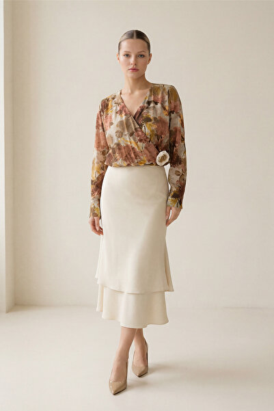 Setre Cream Lined Layered Midi Skirt