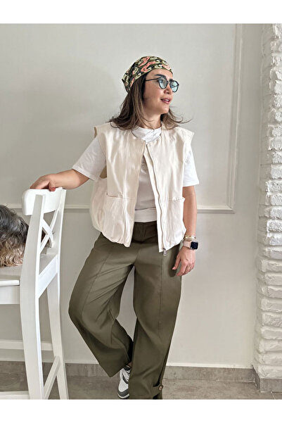 Burcu Özpıranga HYPER Astarlı Heybe Cep Coton Bej Yelek