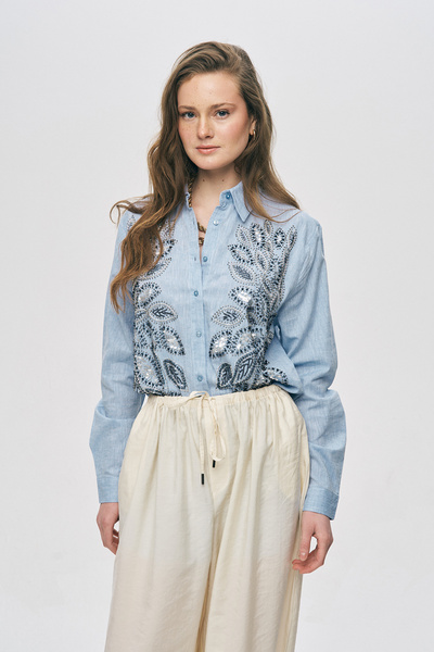 Orfeo Negro Women's Oversized Shirt with Front Pattern, Sequins and Bead Embr...