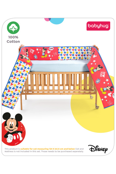 Babyhug Disney واقي سرير أطفال قطن فاخر، بتصميم ميكي ماوس رائع، قماش ناعم قاب...