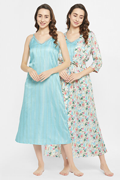 Clovia Chic Basic Long Night Dress & Pretty Florals Robe in Sky Blue - Satin