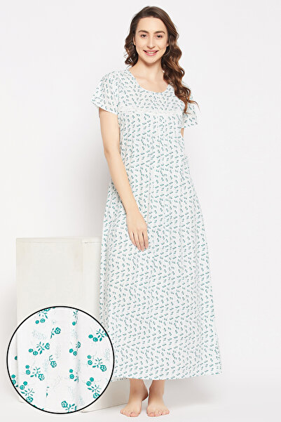Clovia فستان نوم طويل أبيض مزين بنقوش زهور جميلة - قطن 100%