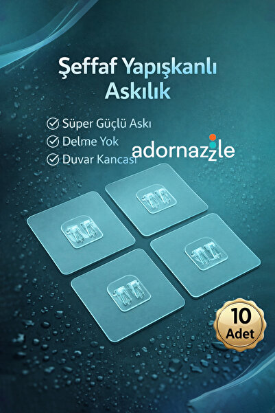 adornazzle 10 Adet 7x7 cm Şeffaf Yapışkanlı Askılık, Şeffaf Sticker, Süper Gü...