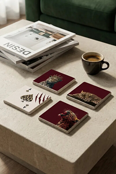 Baumatelier Leopard Themed Natural Stone Travertine Coasters Set of 4