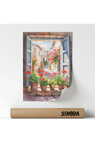 21mxm Poster Deco, fereastra si gradina, Window With Geraniums In Clay Pots, ...
