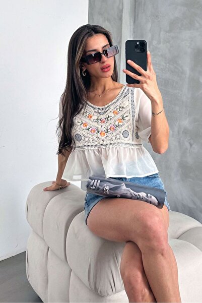 Caddebostan Moda Women's Embroidered Lace Detailed Bohemian Blouse Flounce Ch...