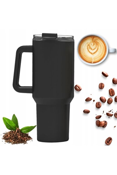 Kamille thermal mug 1200ml, stainless steel, lid with straw, black, 26x10cm