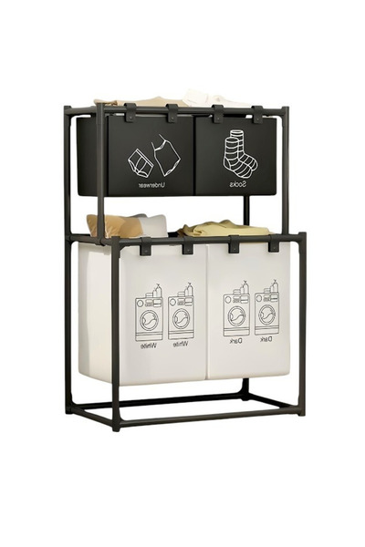 BASE Coș de rufe metalic cu 3 niveluri și 4 secțiuni, negru, 124x44x57cm