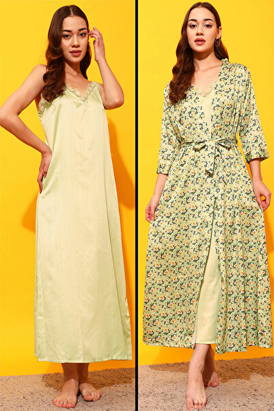 Clovia Chic Basic Long Nighty & Pretty Florals Robe in Mint Green - Satin