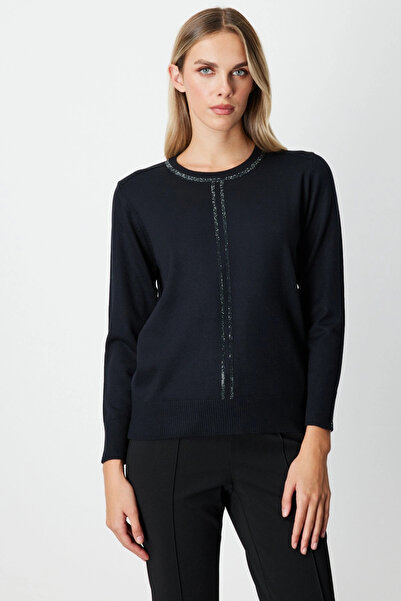 On Fashion Women's Half Sleeve Collar and Front Stoned Black Sweater 65397