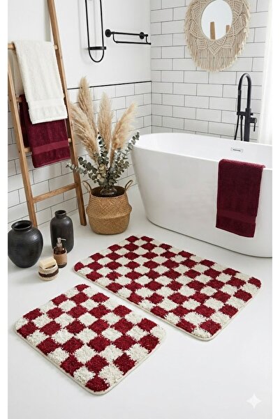 EUROBANO Chess Dama Pattern 2-Piece Bath Mat Bone-Red 80X50 50X40 cm Washable...