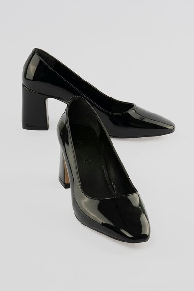 Mubiano Women's Patent Leather Heeled Shoes Round Toe Thick Heeled Noctra Black