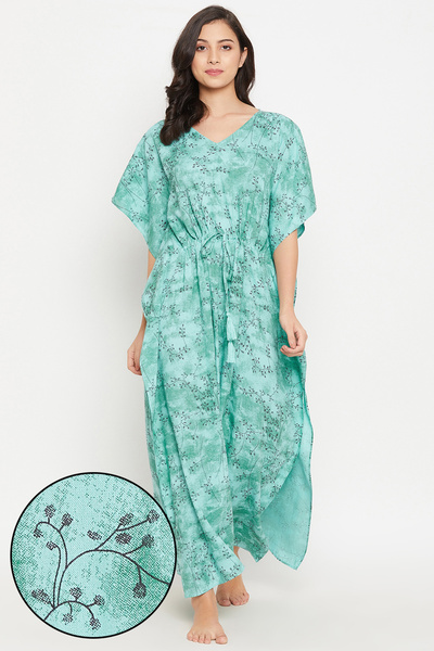 Clovia Leaf Print Long Kaftan in Teal Blue - Rayon