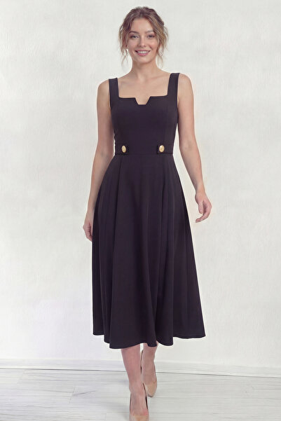 zks grup tekstil Women's Square Collar Button Detailed Midi Dress Black, Lila...