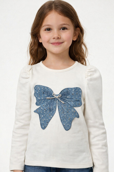 Aselin Kids Girl's Blue Butterfly Detailed Long Sleeve Badi