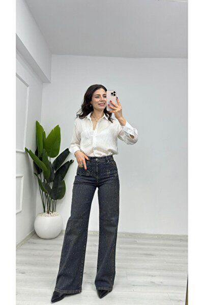 TUNAM BUTİK 463-0307 Stoned Flexible Palazzo Jeans Blue
