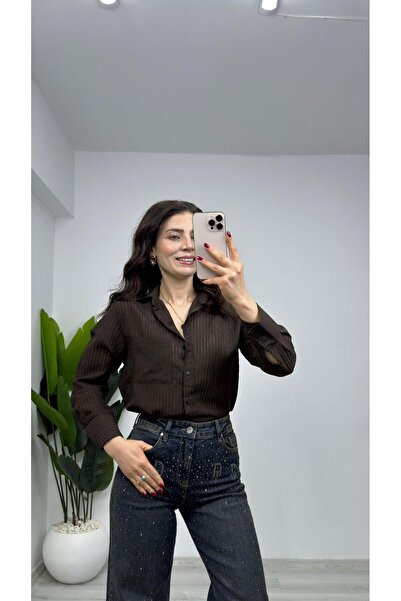 TUNAM BUTİK 7843 Stripe Detailed Ultra Thin Transparent Shirt Brown