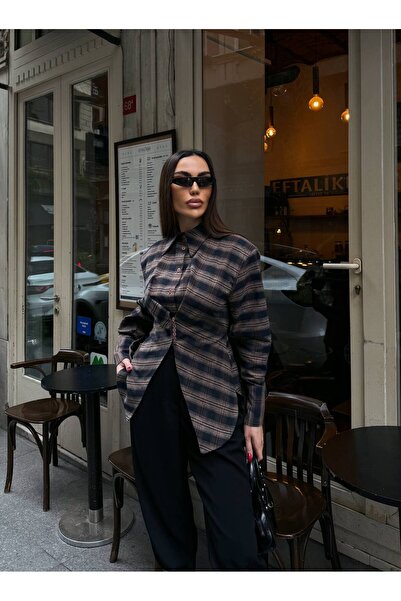 D'RECCY Women's Waist-Adjustable Plaid Shirt with Ties