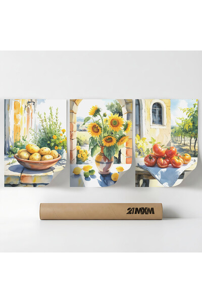 21mxm Set 3 Postere Deco „Natură statică mediteraneană 08”, Material textil, ...