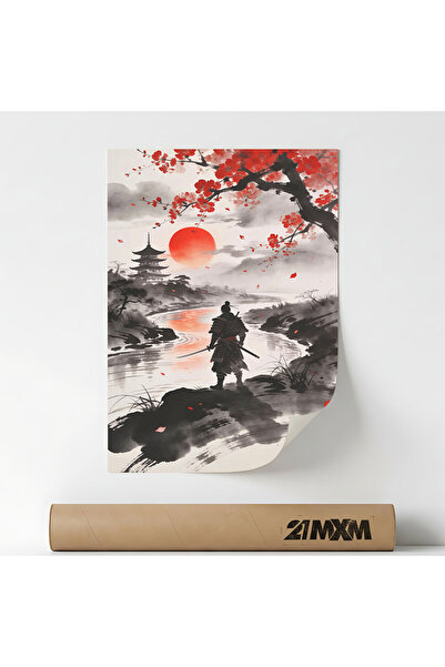 21mxm Decorative poster 'Japanese Samurai Red Moon Painting 2', textile mater...