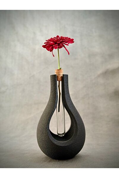 3D snaxx Şık Tasarımlı Cam Tüplü Dekoratif Vazo – Minimal Siyah Masa Üstü Çiç...