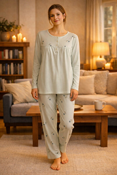 YUYİ Nena %100 Cotton Long Sleeved Buttoned Collar Women's Pajama Set 14618