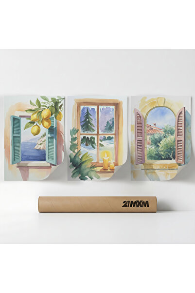 21mxm Set 3 Postere Decorative „Ferestre spre Sud 11”, Material Textil, Fara ...