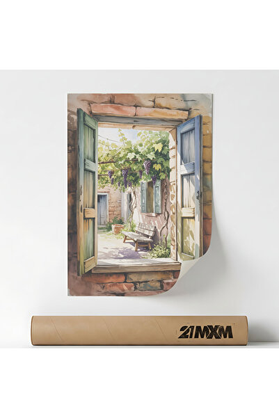 21mxm Poster Deco, fereastră și grădina, Curte cu viță de vie și bancă, A3 (2...