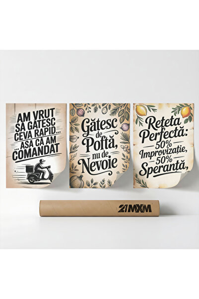 21mxm Set 3 Postere Decorative 'Bucatarie Cu Umor 03', Material Textil, A3 (2...