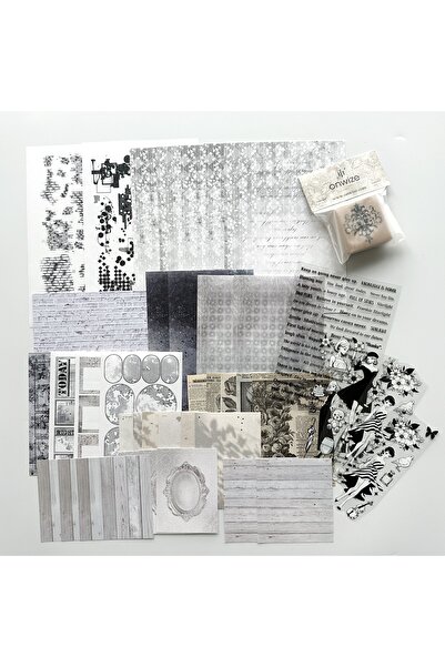 Onwize Korean Monochrome Collage & Stamp Kit – 40 Parça Vintage Scrapbook Set