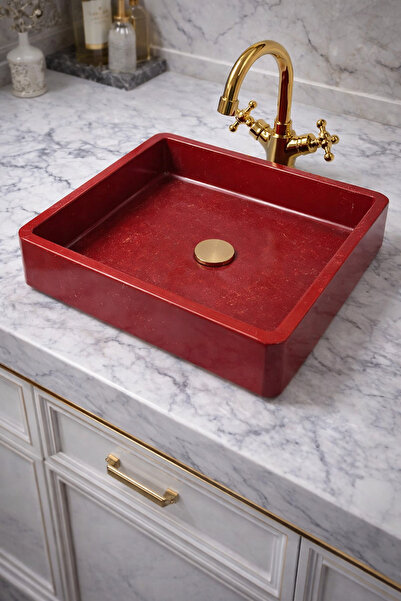 Taş Atölyesi Mermer Desenli Tezgah Üstü Kare Model Taş Lavabo 45 x 45 cm