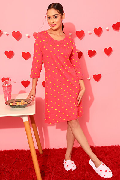 Clovia Heart Print Short Nighty in Peach Colour - 100% Cotton