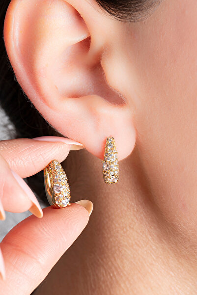 Elika Silver Zirkon Taşlı Sıralı Damla Model 14K Altın Kaplama Küpe