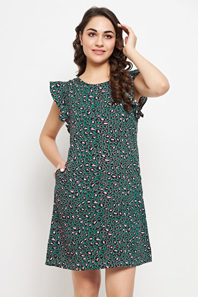 Clovia Animal Print Long Sleep Tee in Green - Rayon