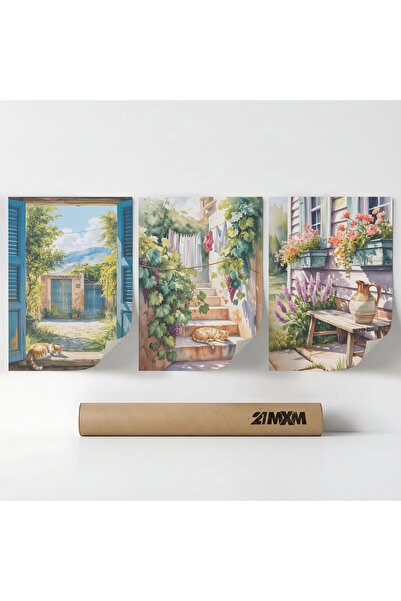 21mxm Set 3 Postere Decorative „Ferestre spre Sud 03”, Material Textil, A3 (2...