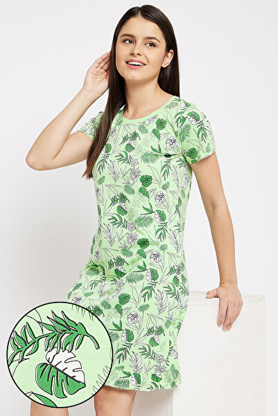 Clovia Tropical Print Short Night Dress in Mint Green - Cotton Rich